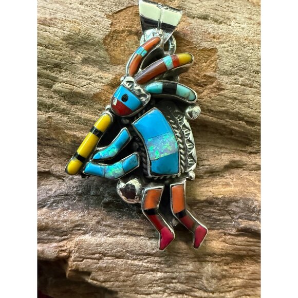 Zuni Kokopelli Inlay Pendant Sterling Silver & Gemstone Tribal Design 2" - Picture 1 of 6